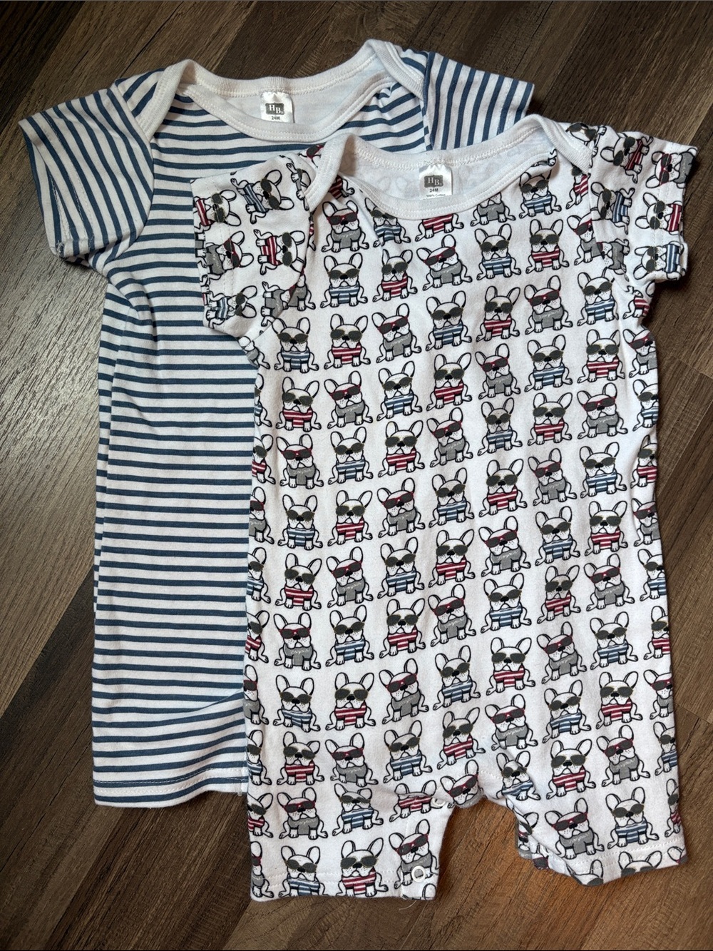 HB Kids Blue Striped & White Frenchie Dog Print Bodysuits Set 100% Cotton